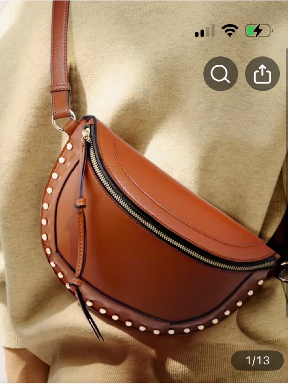 Amazon Brown Studded Crossbody Saddle Bag with Gold Hardware